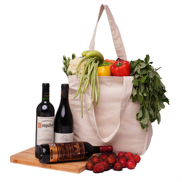 SPICE MONGER Multipurpose Grocery Bag with 6 Bottle Sleeves | 100% Cotton Reusable Shopping Bag, Eco-friendly Canvas